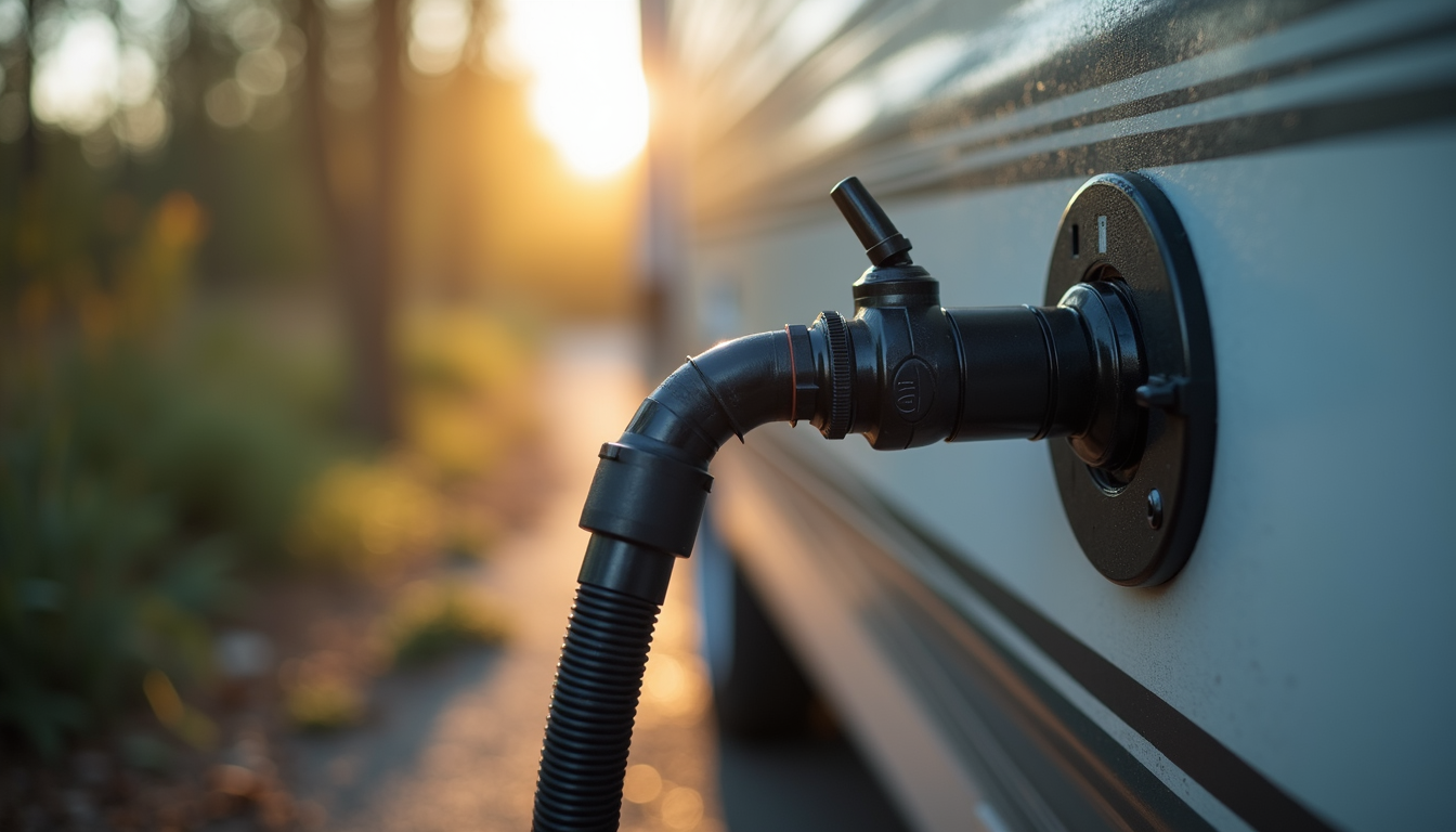 Close-up view of a heated RV hose connected to an RV water inlet