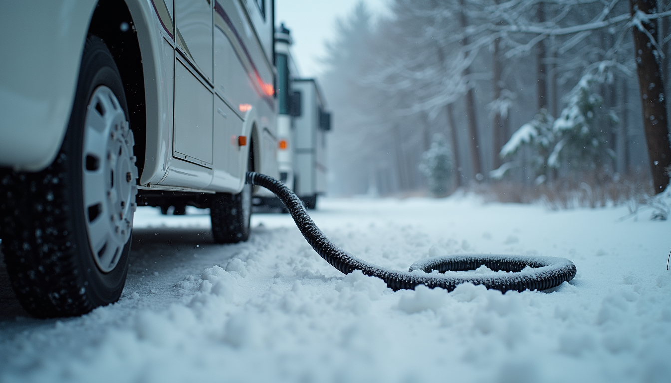 Eye-level view of an RV parked in a snowy campsite with a heated water hose attached
