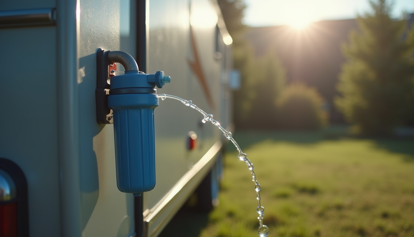 Close-up view of RV water filter attached to a hose