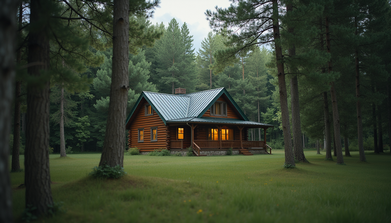 Eye-level view of a cozy cabin surrounded by green trees