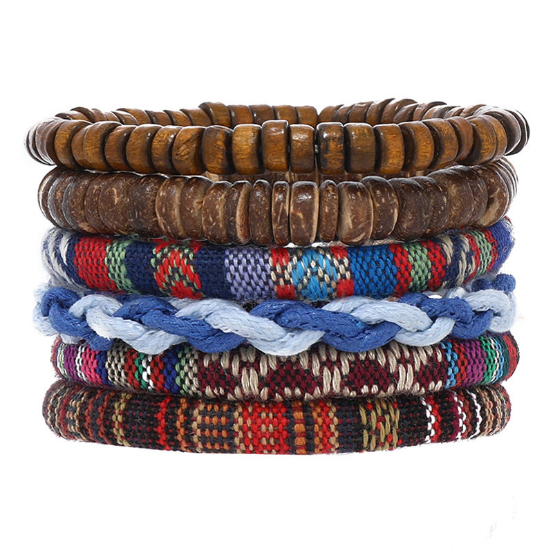 Thumbnail: Bohemian Leather Bracelet Men Hand-woven Bracelet Men's Wooden Bead Bracelet Bra