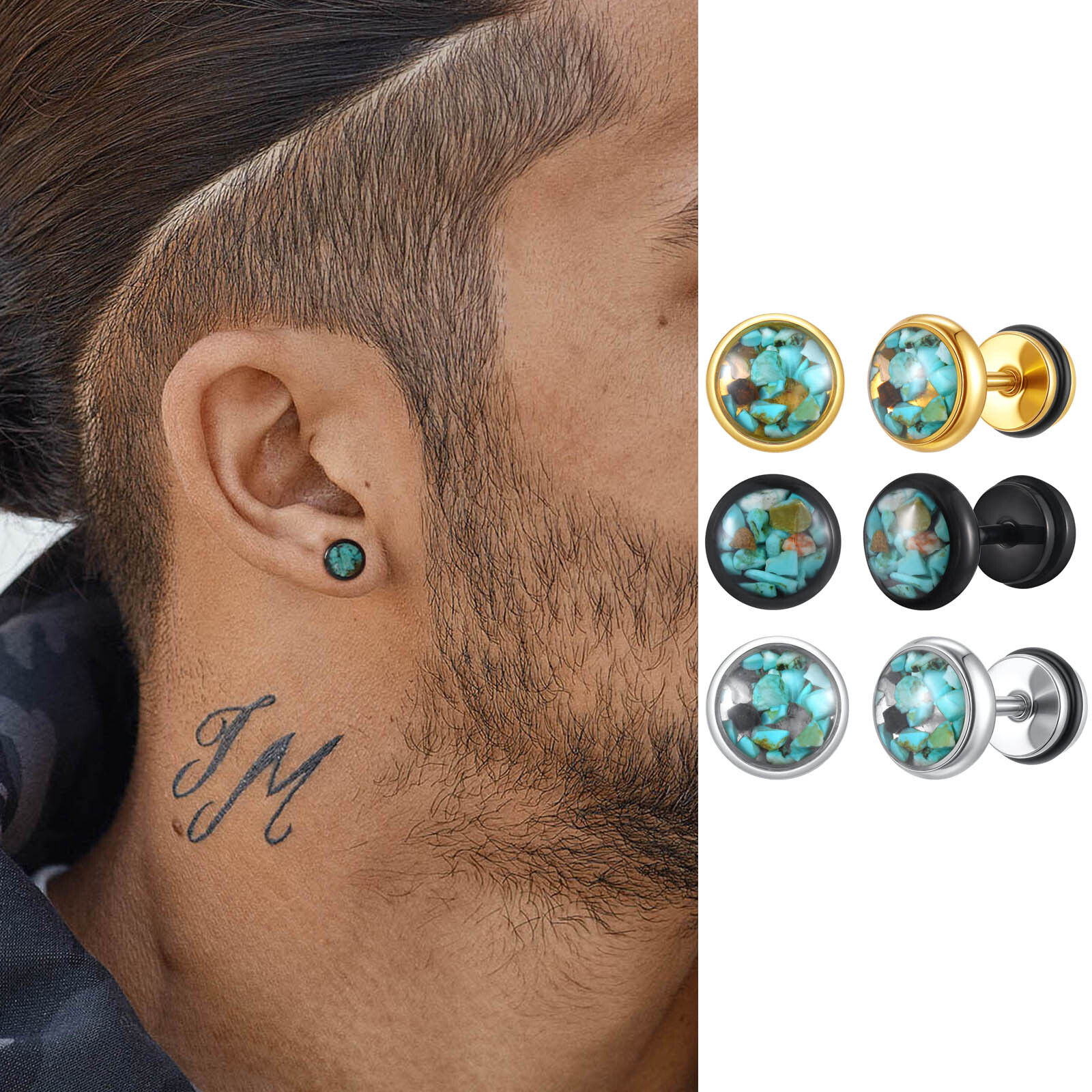 Natural Stone Stud Earrings for Men Boys,Stainless Steel Plated Round Small Earr