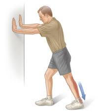 Illustration of a person performing calf and foot stretches for plantar fasciitis relief