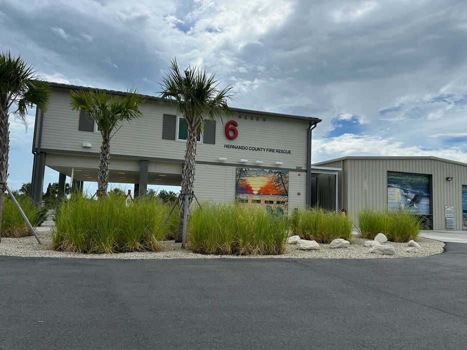 Exterior view of Hernando County Fire Station #6. Highlighting the metal framing and robust construction of the fire station building by H Structure LLC.