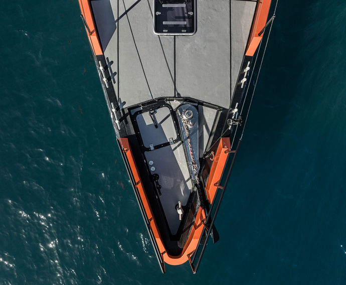 Another aerial bow shot of the Vanguard XPM Explorer Yacht, presented on ExplorerYacht.com, showcasing stability, structural integrity, and offshore performance.