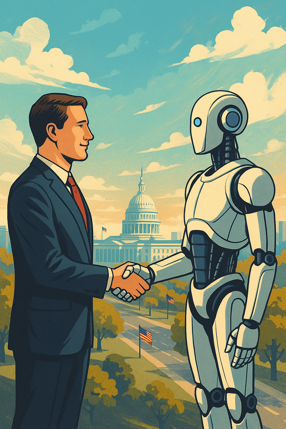 A man in a suit shakes hands with a robot in front of the U.S. Capitol. Clear sky, American flags, and autumn trees set the scene.