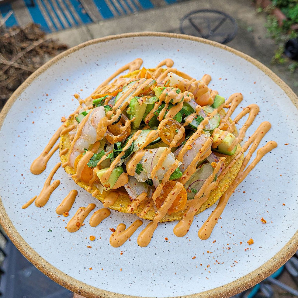 Chili Crusted Shrimp, Black Bean, Mexican Cheese, Mango Salsa, Avocado, Romaine, Cilantro, Jalapeño & Chipotle Crema (qty 3)