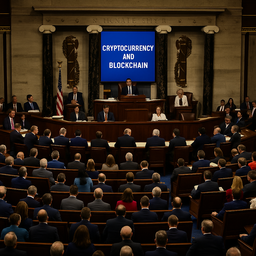 Politicians seated in a large chamber with a screen displaying "Cryptocurrency and Blockchain." Formal setting, predominantly dark suits.