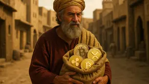 Elderly man in ancient Babylonian attire holds a bag with large, golden cryptocurrency coins. Deserted ancient street in the background. Mood is contemplative.