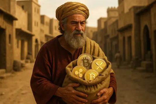 Elderly man in ancient Babylonian attire holds a bag with large, golden cryptocurrency coins. Deserted ancient street in the background. Mood is contemplative.