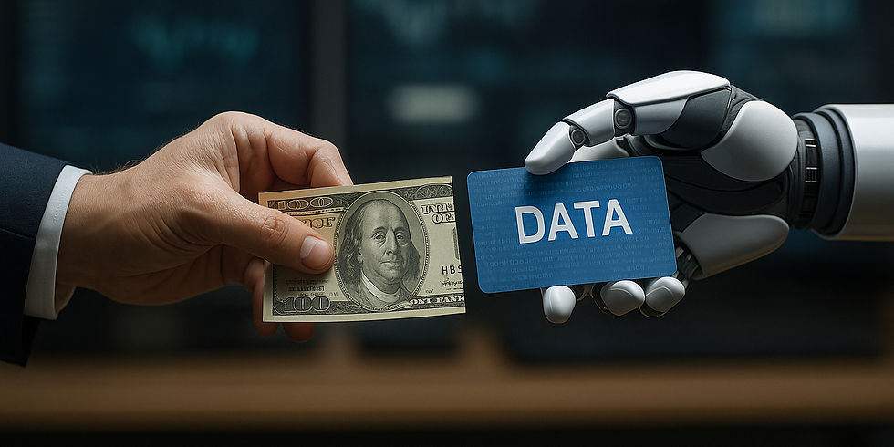 Human hand holds money, robot hand holds "DATA" card, suggesting exchange. Background is blurred and dark, symbolizing technology and finance.