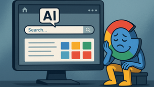 AI-themed cartoon: Sad blue character with a colorful search icon head sits next to a computer screen showing "AI" speech bubble and search bar.
