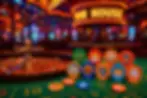 Roulette table with colorful chips featuring cartoon faces, set in a vibrant casino with neon "FUN HOUSE" sign in the background.