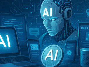 AI robot surrounded by glowing devices, including a laptop, phone, and tablet. Blue digital background with "AI" text visible. Futuristic mood.