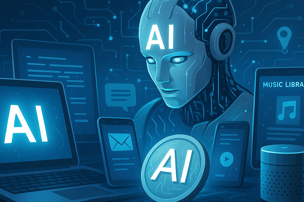 AI robot surrounded by glowing devices, including a laptop, phone, and tablet. Blue digital background with "AI" text visible. Futuristic mood.