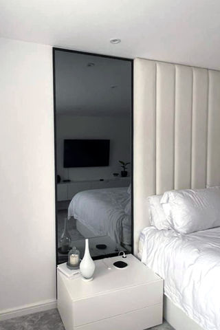 Monochrome bedroom wall mirrors in grey silver mirror glass