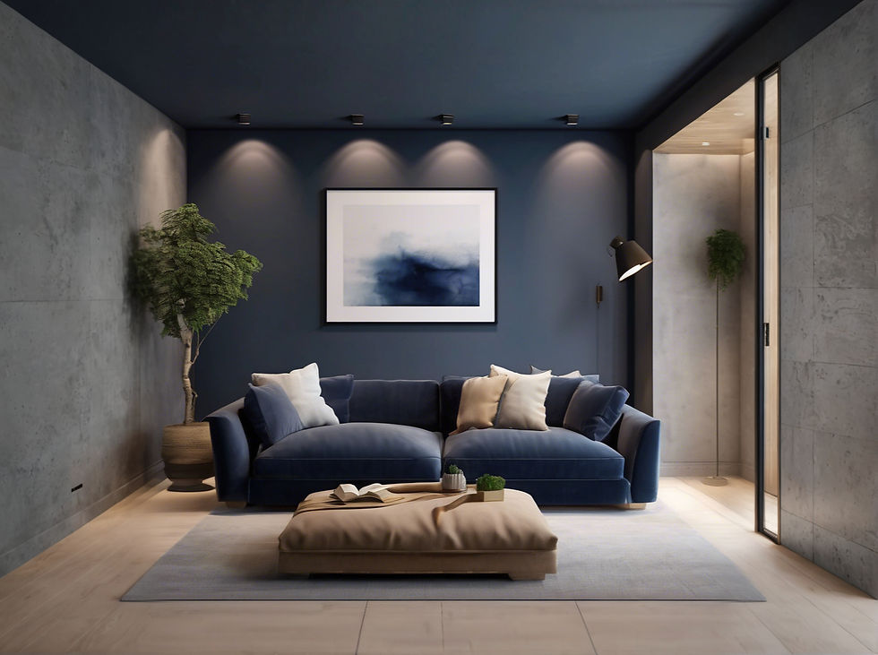 minimal luxury basement, dark blue sofa, gray wall , picture on the wall.jpg