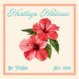 Heritage Hibiscus Logo Blue writing with a salmon colored square border and a large Hibiscus flower in the center.