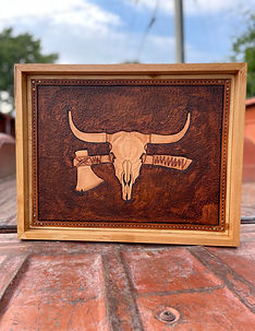 Custom hand tooled leather wall haning for BullCreek Strategic