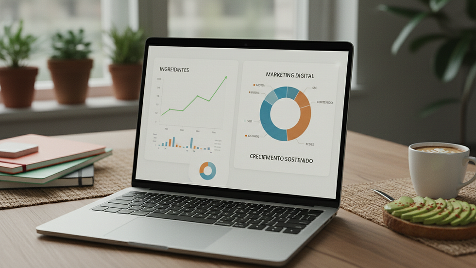 Plano detalle de una computadora portátil con gráficos de ingresos y marketing digital