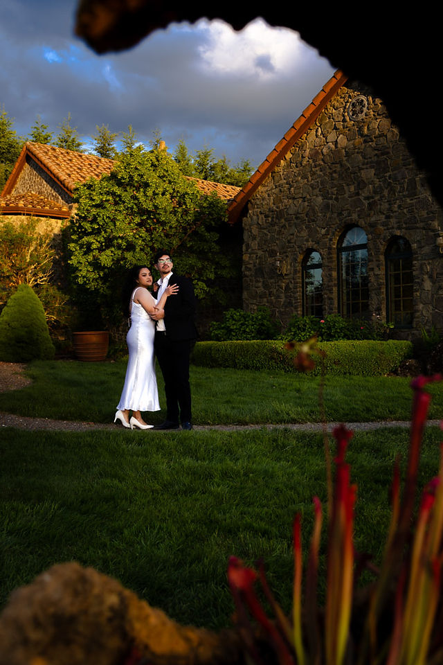 Engaged couple nearing twilight hour in Italian Garden Villa Catalana in Oregon City
