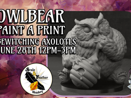 3d printed Owlbear with paw on bee hive and other paw covered in honey