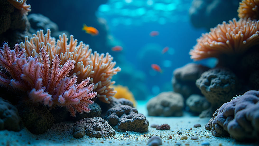 Close-up view of colorful coral reef exhibit inside Mote Aquarium