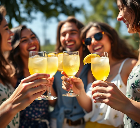a close up shot of a group of friends standing close together holding limoncello cocktails
