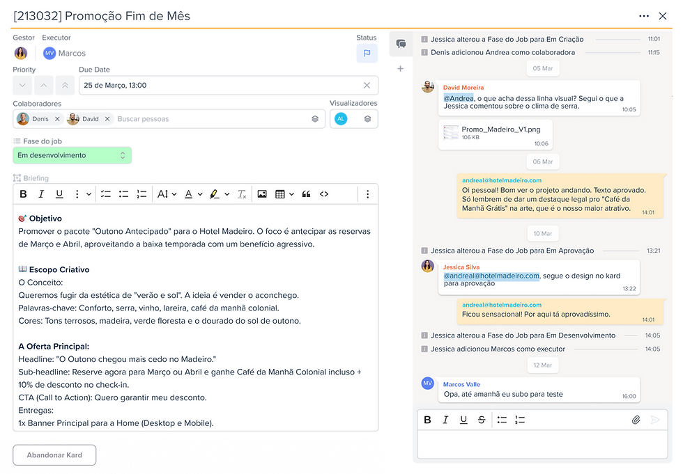 Clientes podem colaborar direto por email ou na própria plataforma sem nunca precisar criar uma conta. Você escolhe o nível de permissão para cada um individualmente