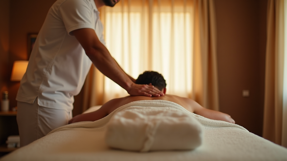 Eye-level view of a massage table with a man receiving a Swedish massage in a calm spa room