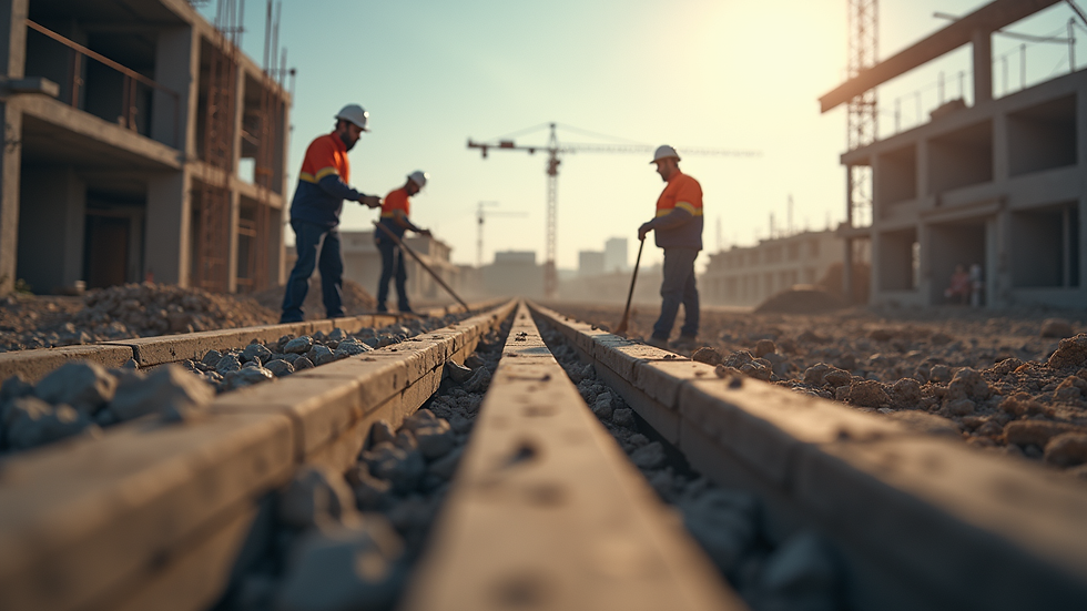 Eye-level view of a construction site with workers collaborating
