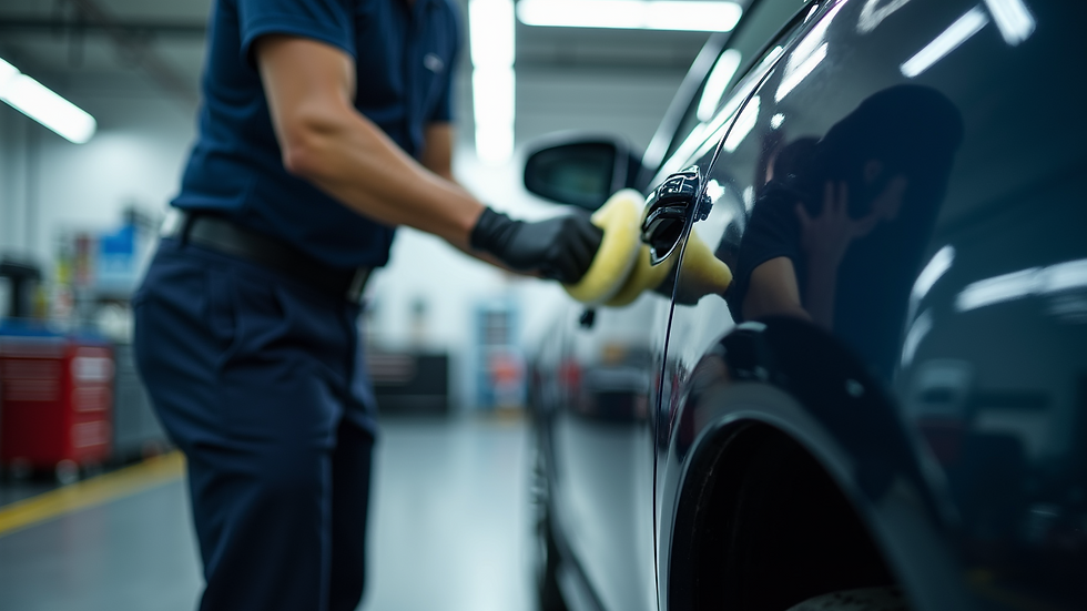 Eye-level view of a technician polishing a car door