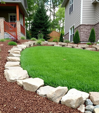residential grass yard with retaining wall and rock drainage.jpg