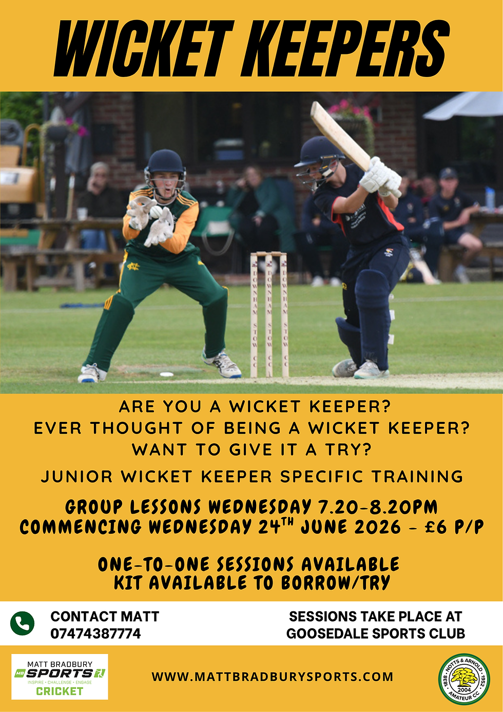 Cricket poster with wicket keeper catching the ball beside a batter; yellow background, bold title and training details.