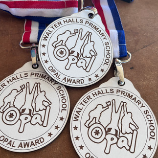 Customised wooden medals for Kimberley, Edwalton, and Walter Halls Primary School OPAL play awards