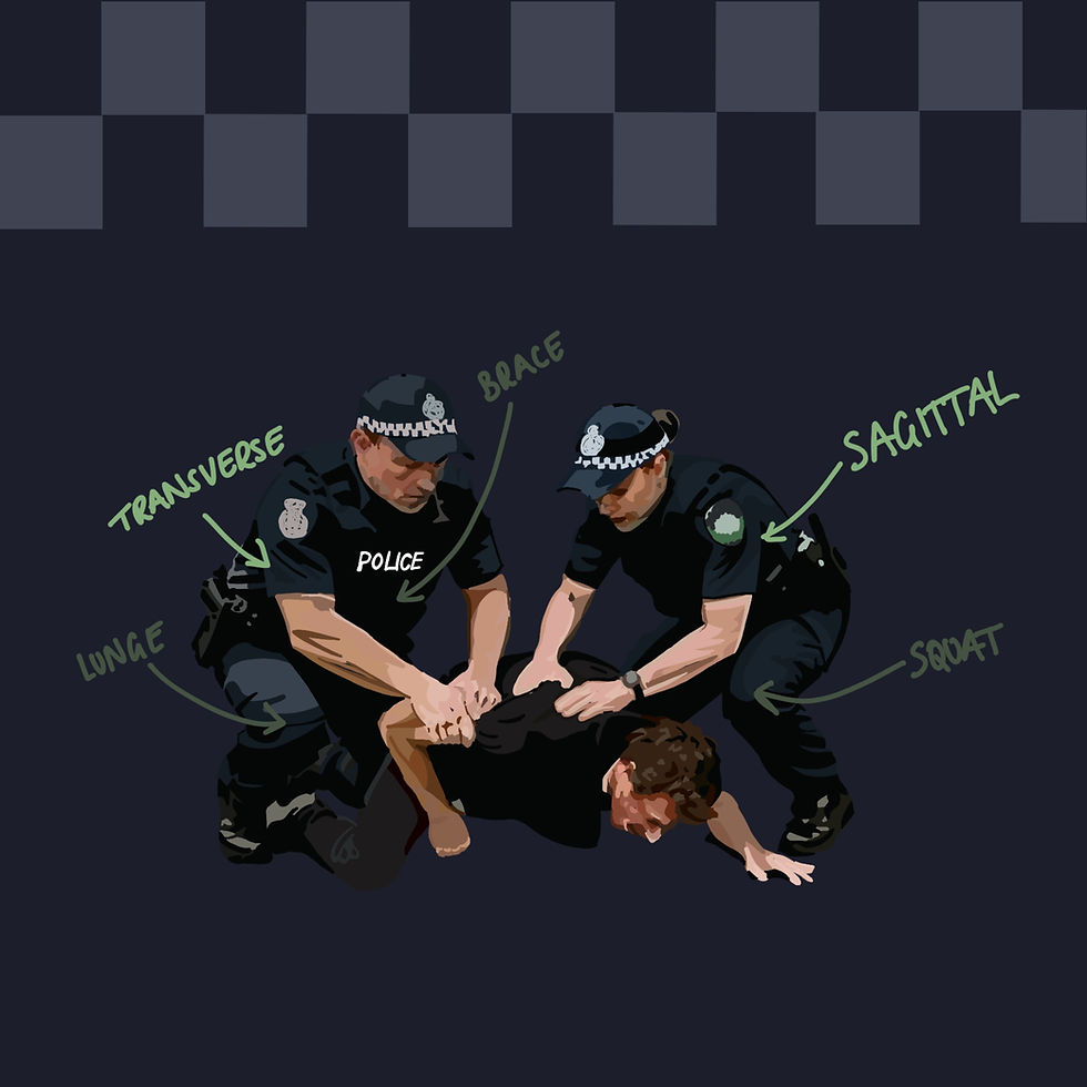 Two police officers arresting an offender with movement classifications in the AusTac art style