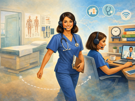 Nurse in blue scrubs with headset and clipboard walks from clinic to desk, video calling a doctor. Background shows medical posters and equipment.