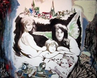 Two women sit with a child on a bed, with a colorful castle in the background. The scene is naive, resembling a children’s book with fantasy overtones.