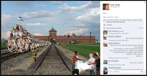 קולאז’ תמונות של קבוצת נוער במסע בפולין ליד מסילת רכבת באושוויץ, עם כיתוב פייסבוקי.
