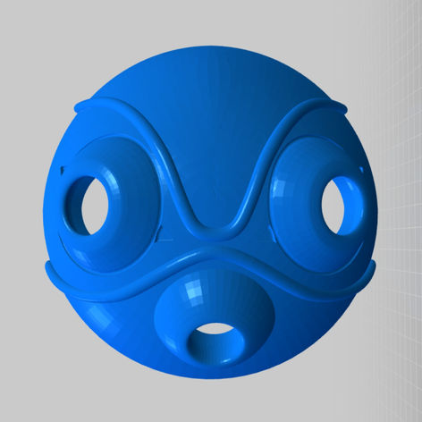 Blue 3D model of a face with three holes; design on white background.