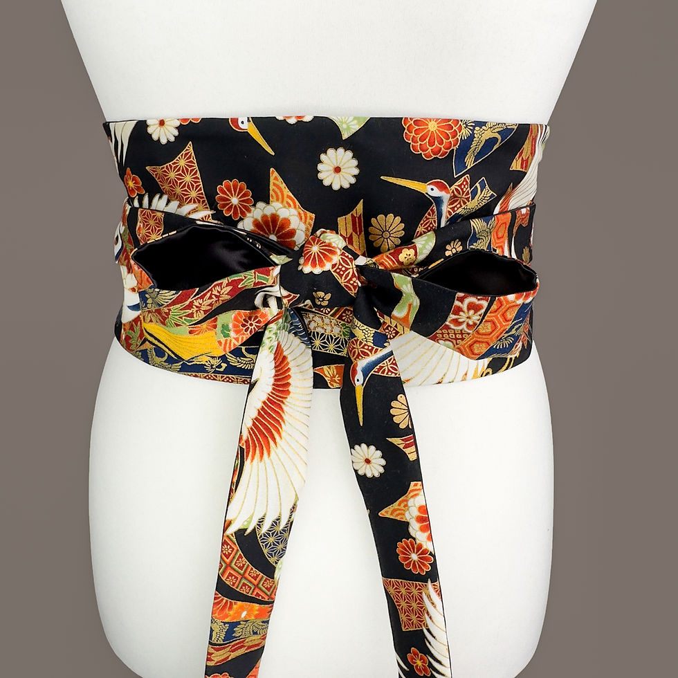 Thumbnail: Reversible Japanese Obi Belt – Red Crane & Gold Floral Pattern - Black Backgroun