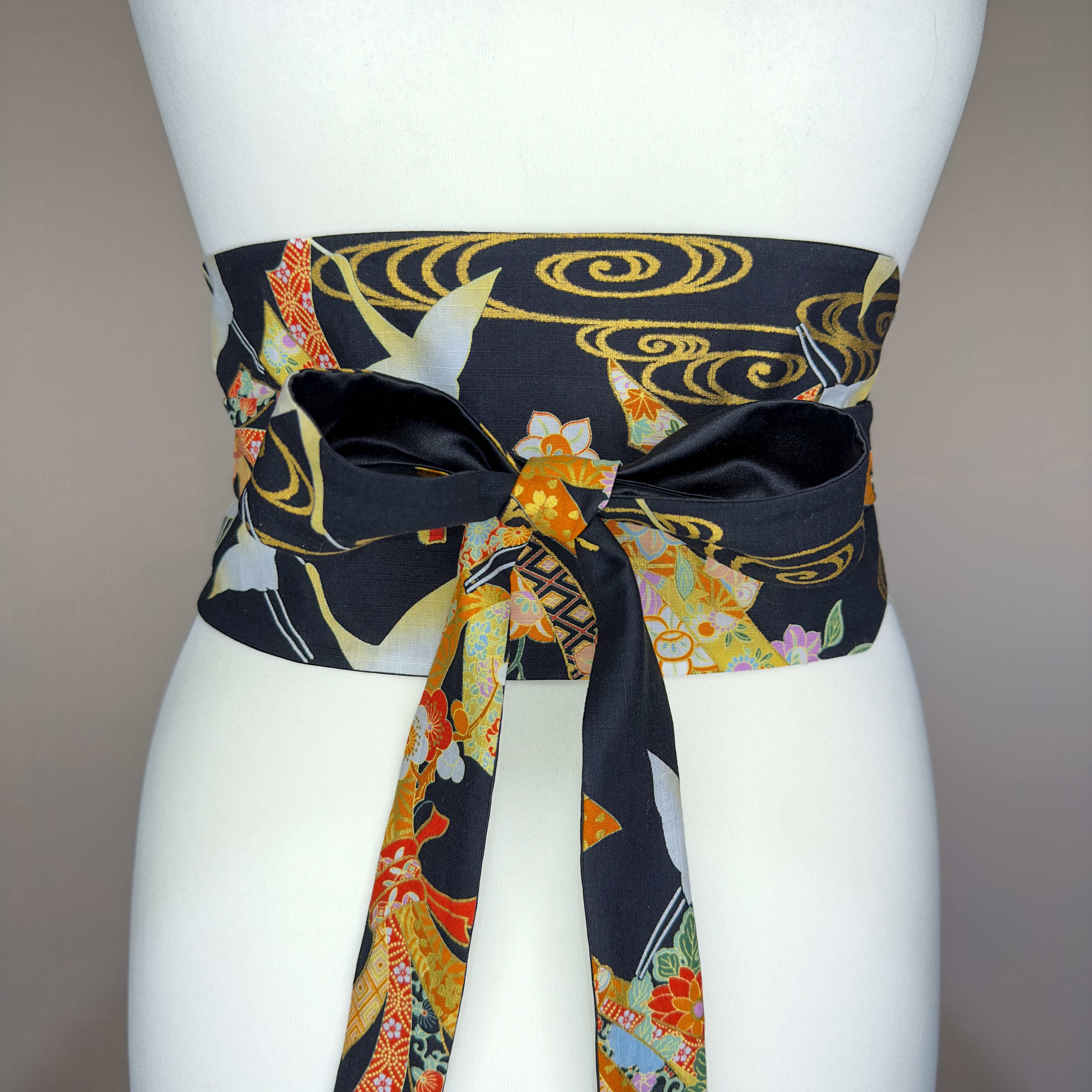 Reversible Obi Style Belt - Japanese Noshi Pattern - Lined With Duchess Satin