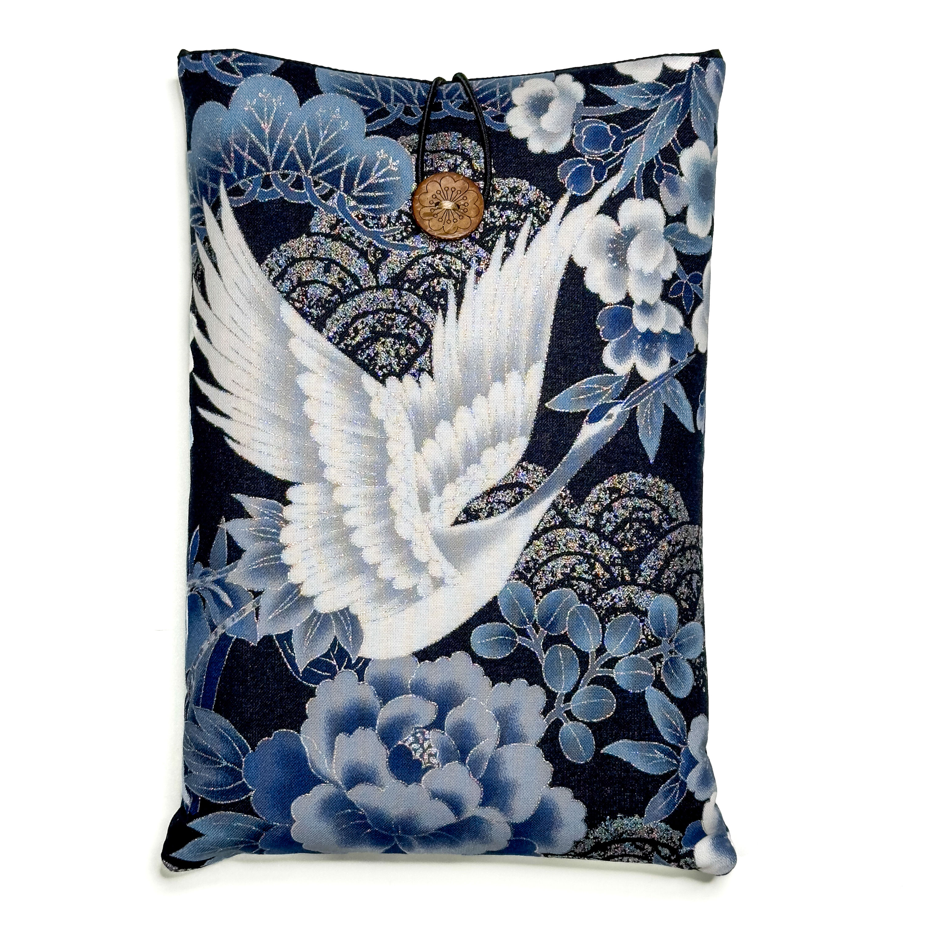 Cotton Book Sleeve - Japanese Red Crowned Crane - Blue & Silver Flowers