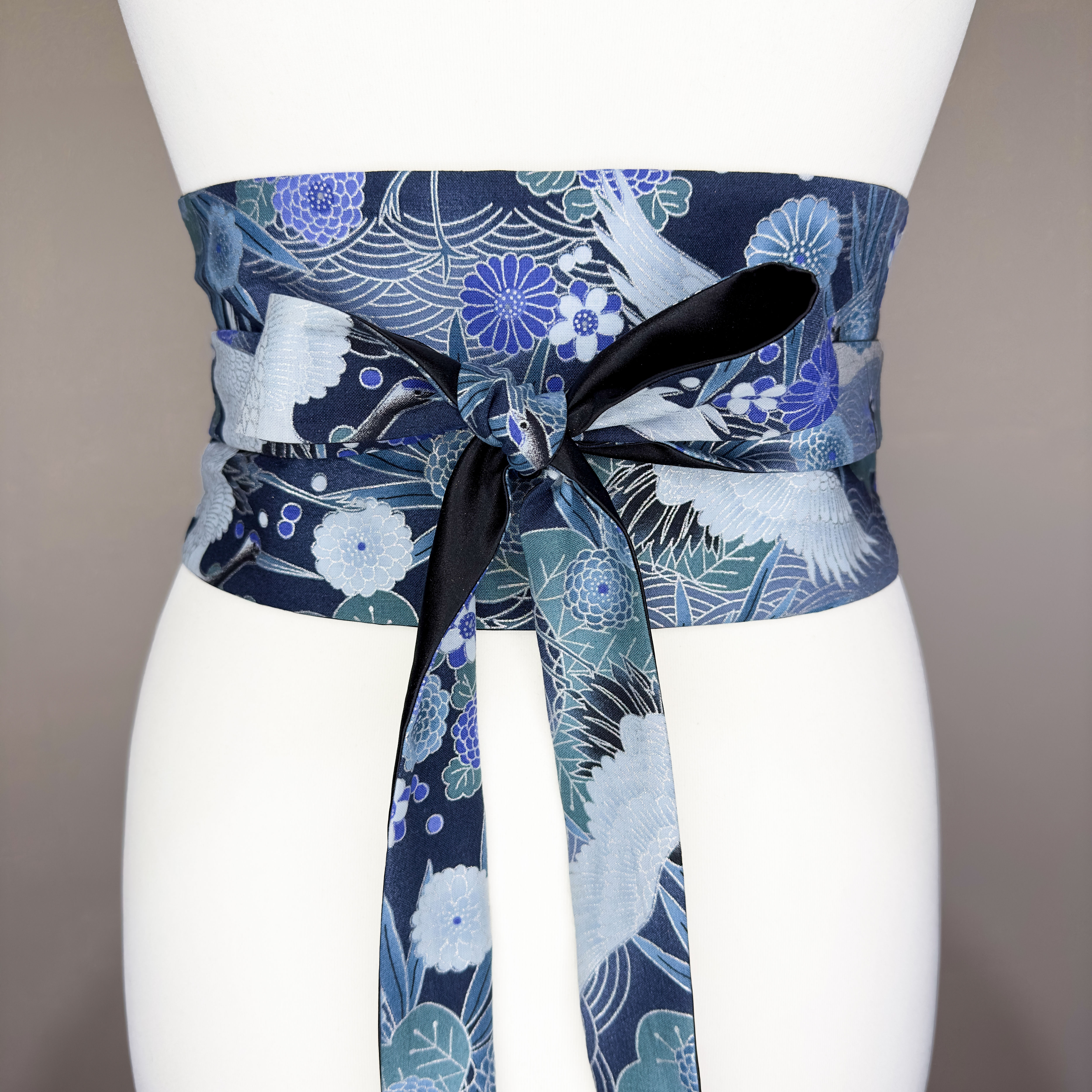 Reversible Obi Style Belt - Japanese Crane & Chrysanthemum Kimono Pattern