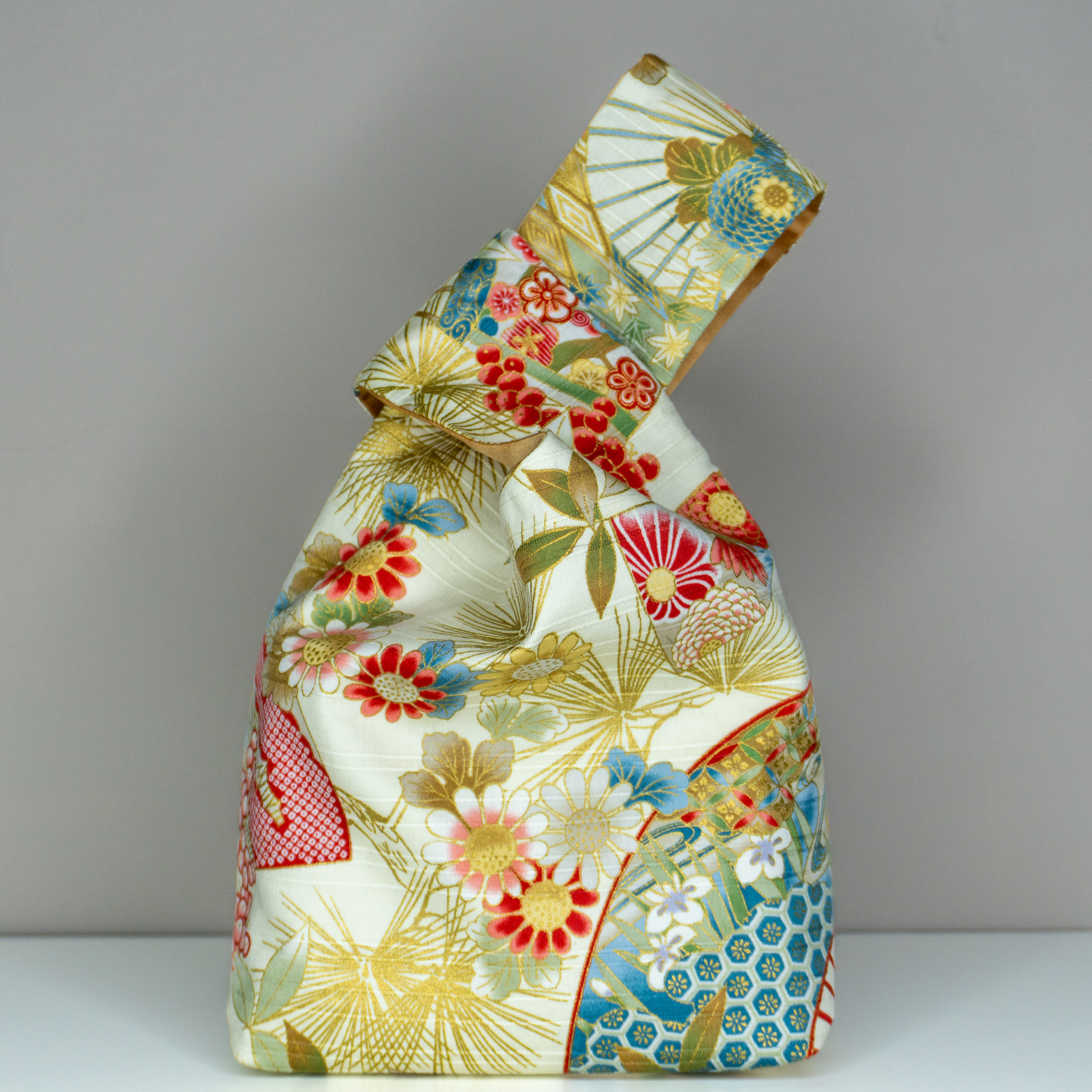 Reversible Japanese Knot Bag - Floral Fan Japanese Print - Gold Coloured Satin