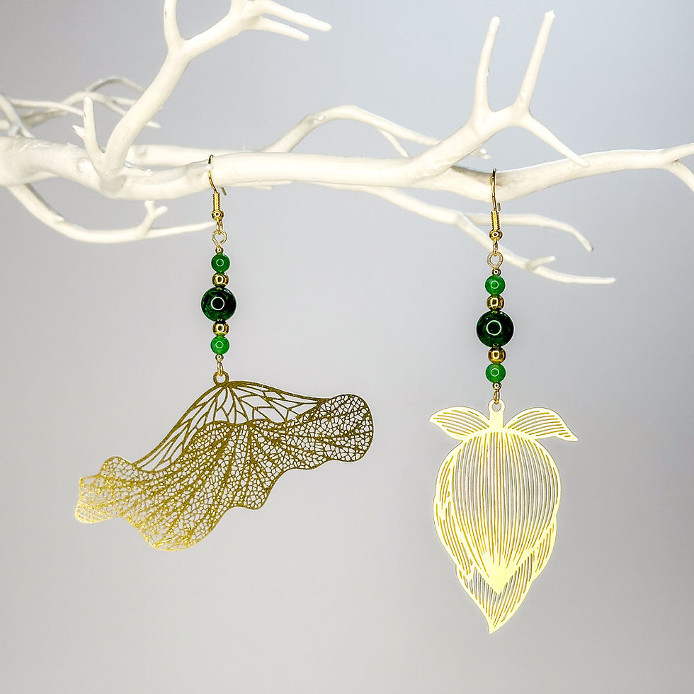 Thumbnail: Mismatched Earrings - Lotus Bud & Leaf In Gold Coloured Metal With Jade Beads
