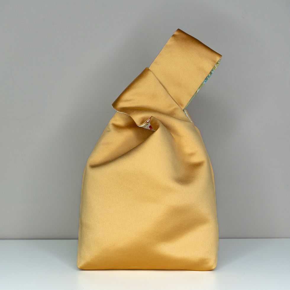 Thumbnail: Reversible Japanese Knot Bag - Floral Fan Japanese Print - Gold Coloured Satin