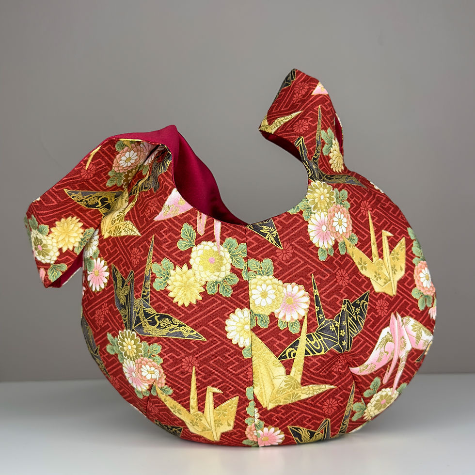 Thumbnail: Japanese Knot Bag - Red Origami Crane, Chrysanthemum &amp;amp; Sayagat