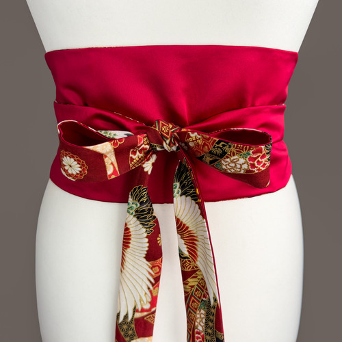 Obi Belt – Red Crane Gold Floral Pattern with Red Duchess Satin