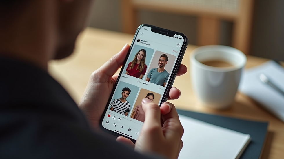 High angle view of a smartphone showing influencer profiles on social media